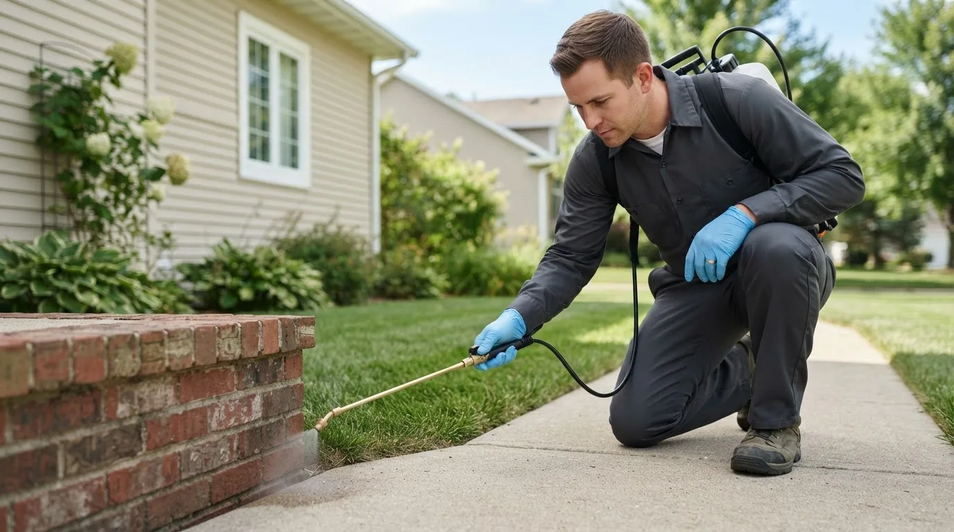 Pest control technician treating a home near Eden, NC